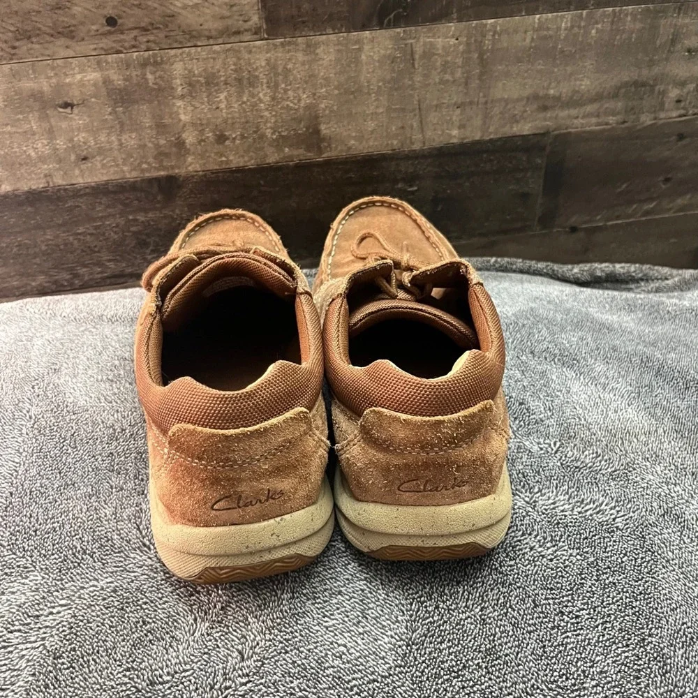Clarks  Mens Tan Suede Canvas Boat Shoes Moc Toe Loafers Size 8.5 M Preppy